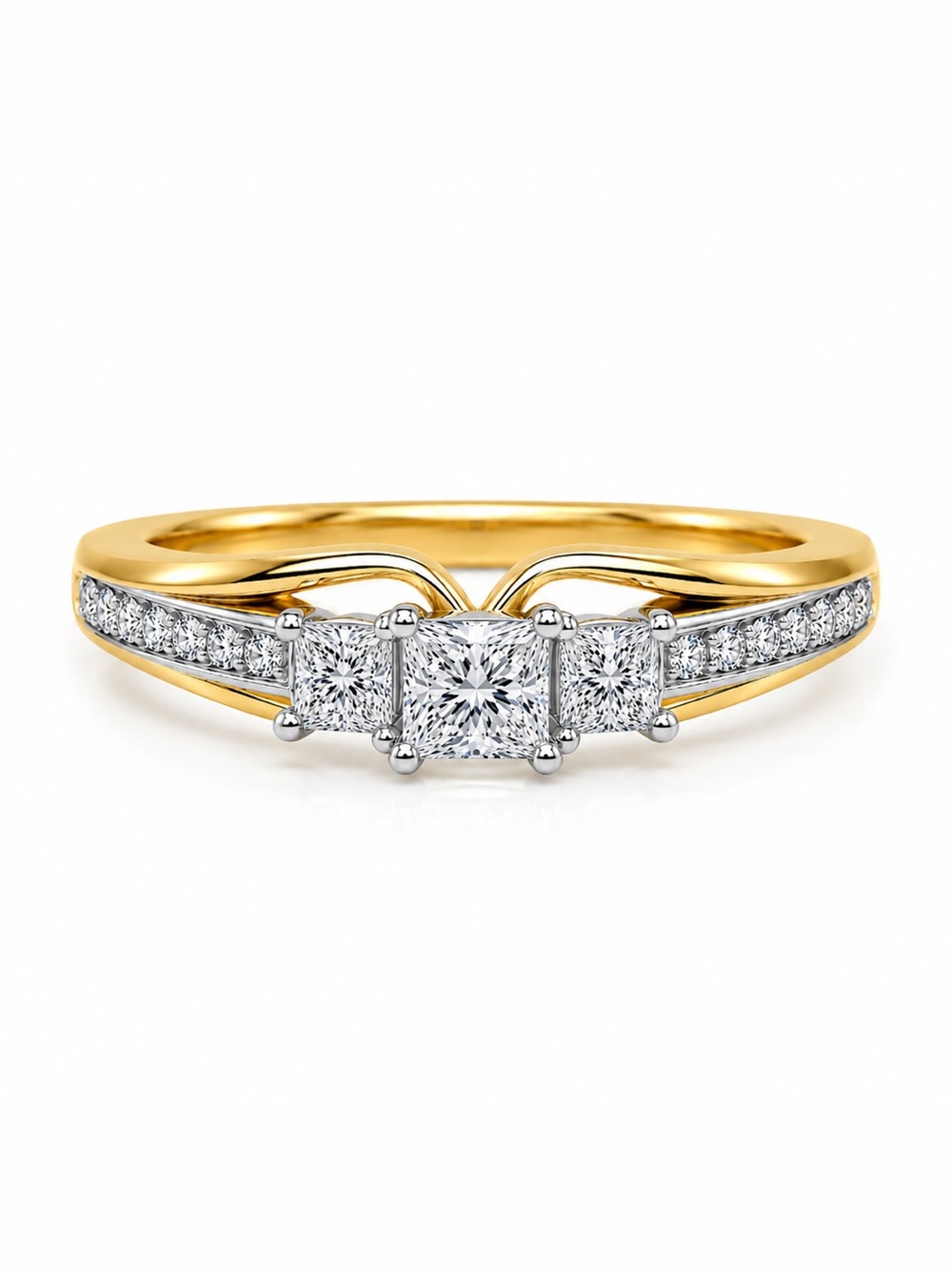 14k Two Tone Gold Natural Diamond 3 Stone Princess Cut Engagement Ring Sz 6